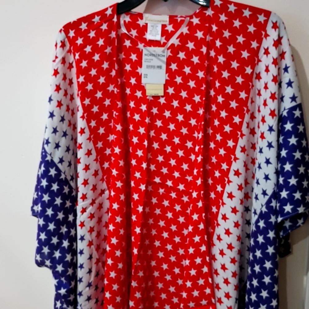 NWT Patriotic red white blue tassel topper kimono beach coverup One Size